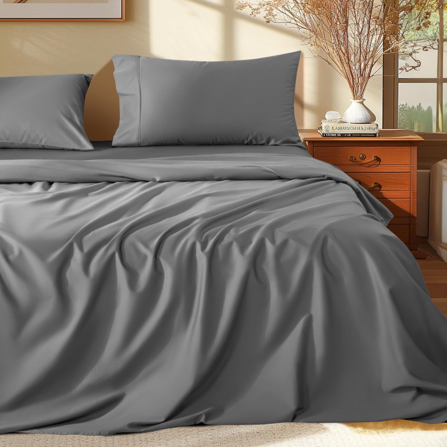 Shilucheng 100% Egyptian Cotton Sheets Set - 1000 Thread Count,Luxury Cotton Bed Sheets,Breathable & Cooling Bedding And Pillow Cases, 16 Inch Deep Pocket - 4 Piece (Grey, Full)